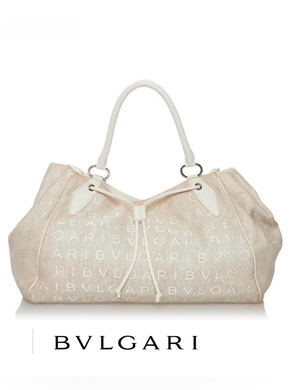 BVLGARI Logo Mania Off White Canvas w Leather Trim Drawstring Large Shoulder Bag